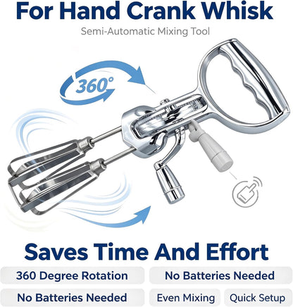 Manual Rotary Egg Beater With Stainless Steel Mixing Head And ABS Handle, 360 Degree Hand Crank Whisk For Kitchen Cooking Baking, Semi-Automatic Mixer Tool Saves Time Effort Easy Clean Dishwasher Safe