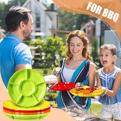Rtteri 12 Pcs Plastic Divided Serving Trays 12 Inch Round Chip Dip Plate 6 Sectional Snacks Serving Dish Food Platters for Party Candy Nuts Fruits Veggies(Colorful)