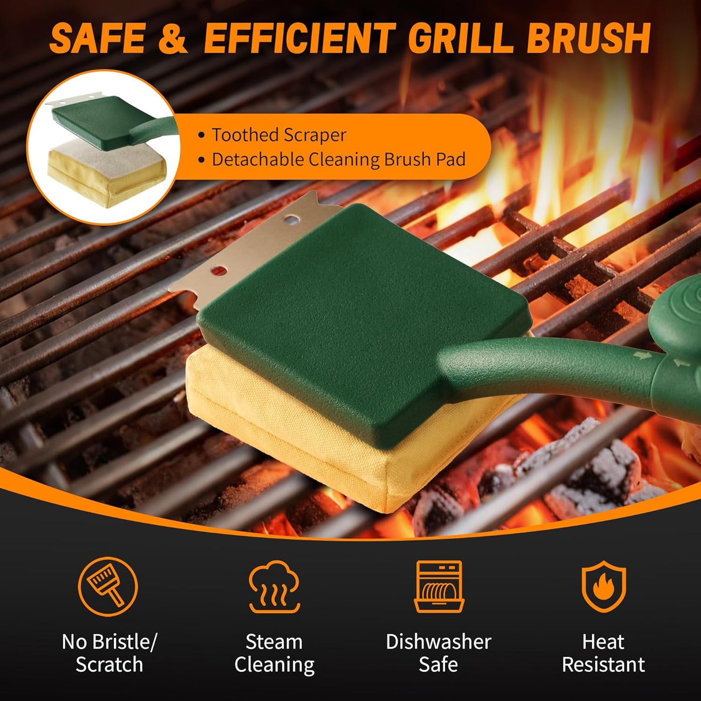Grill Brush Bristle Free with Scraper, 22" Steam Grill Brush for Outdoor Grill, Replaceable Cleaning Head, Grill Cleaner for Cast Iron/Stainless Steel Grates - Green