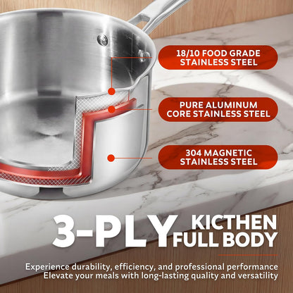 2.5 QT Tri-Ply Stainless Steel Saucepan, Steamer pot for cooking