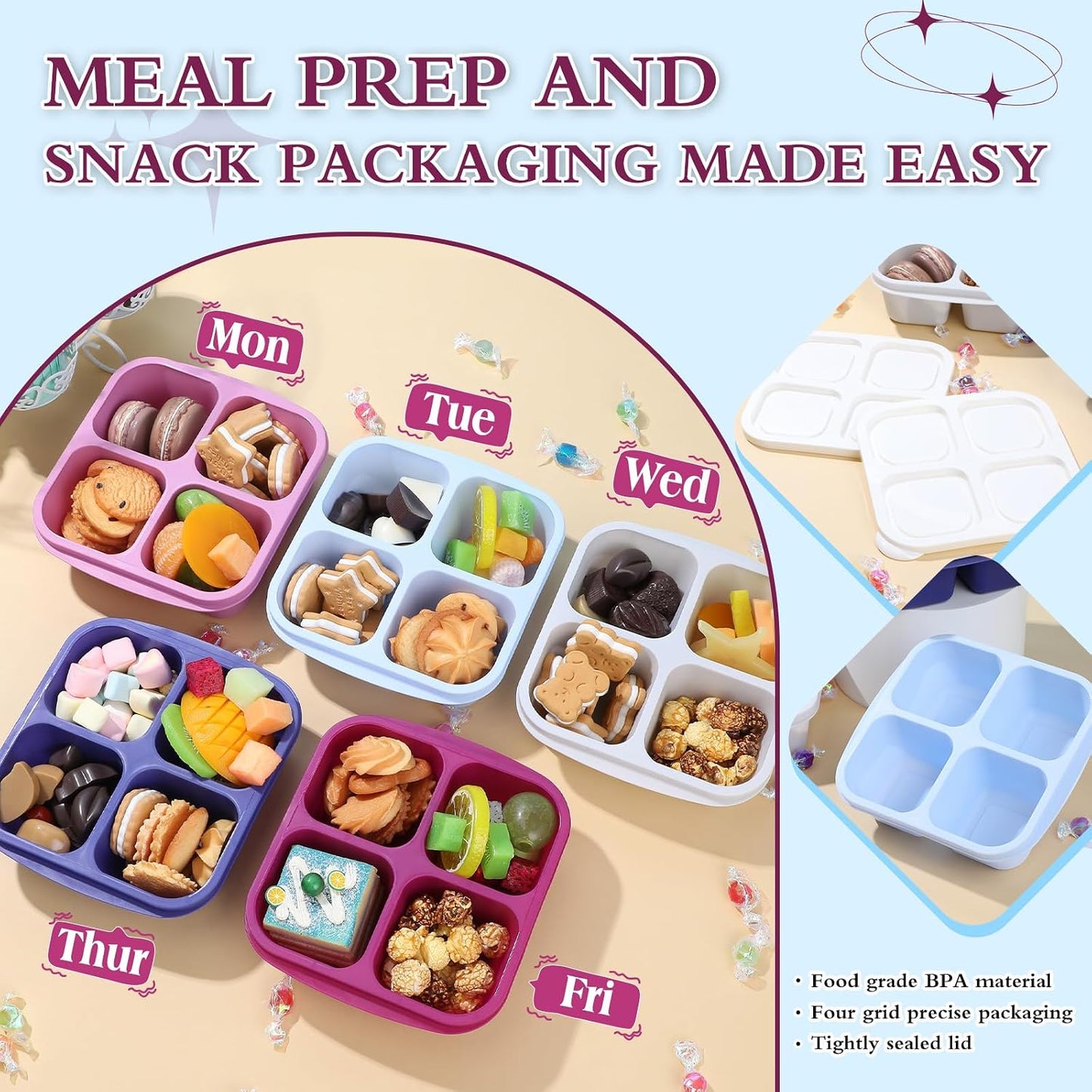 Honeydak 10 Pack Bento Snack Containers 4 Compartment Snack Boxes Reusable Containers with Lids Divided Meal Prep Lunch Food Storage Box for School Work Travel