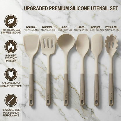 Silicone Kitchen Utensils Set, 6-Piece Premium Food-Grade Silicone Cooking Utensils with Reinforced Core, 500°F Heat Resistant, BPA-Free, Dishwasher Safe Kitchen Tools, Cream White & Mocha