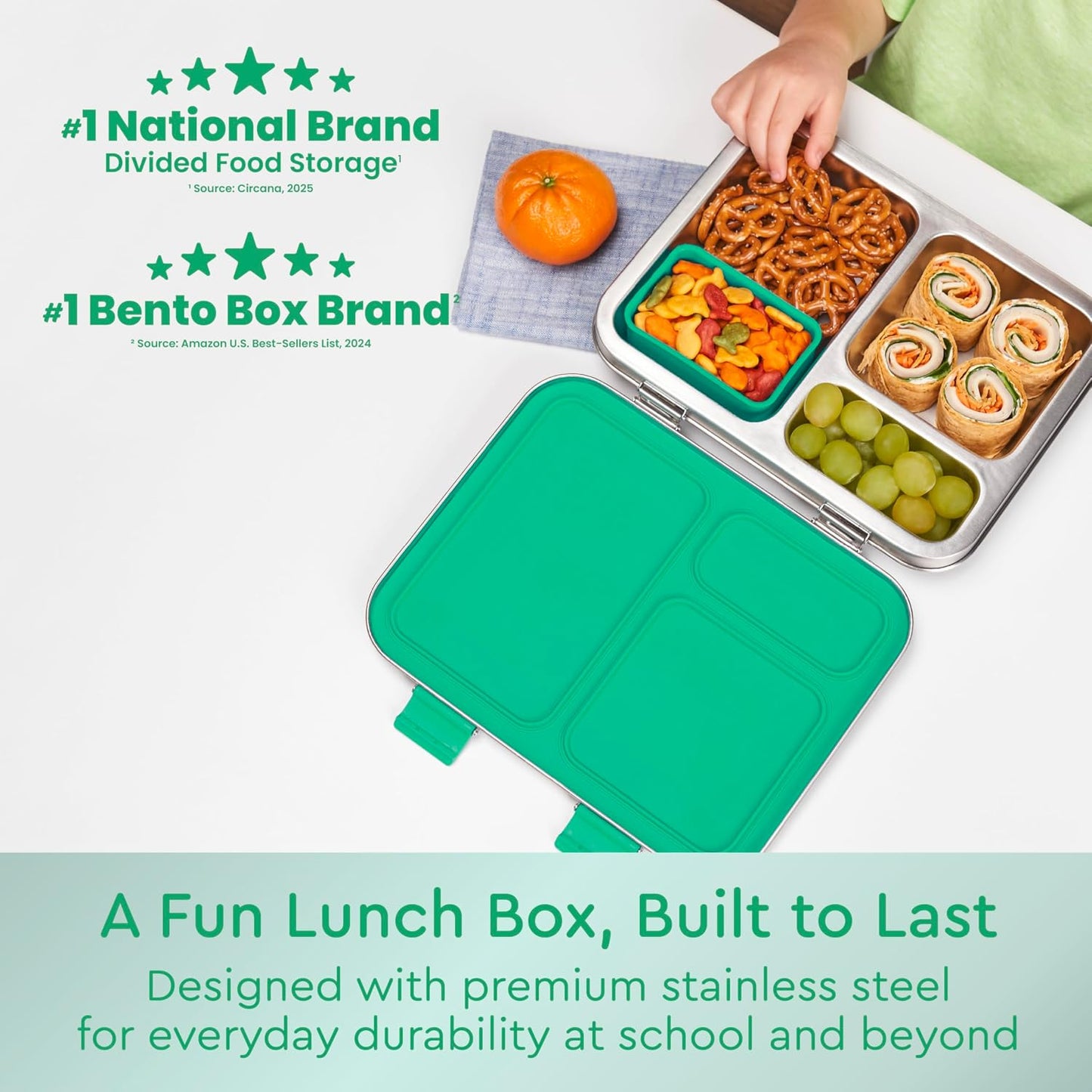 Bentgo Kids Stainless Steel Leak-Resistant Lunch Box - 3-Compartments with Bonus Silicone Container, Durable, Eco-Friendly, Dishwasher Safe, BPA-Free, Ideal for School, Ages 3+ (Silver)