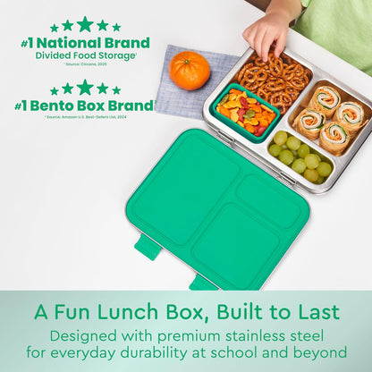 Bentgo Kids Stainless Steel Leak-Resistant Lunch Box - 3-Compartments with Bonus Silicone Container, Durable, Eco-Friendly, Dishwasher Safe, BPA-Free, Ideal for School, Ages 3+ (Silver)
