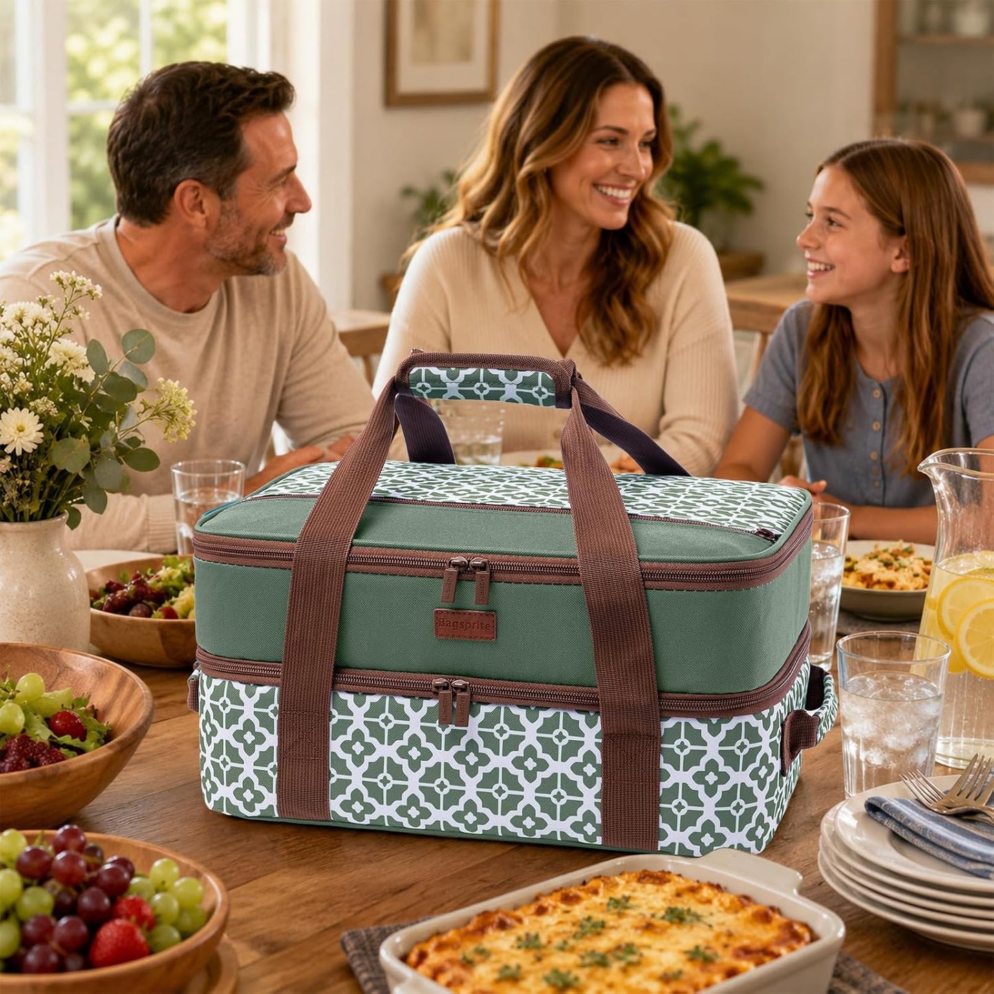 Double Layer Insulated Casserole Carrier, Fits 9" x 13" Baking Dish, Food Transport Carrier with Utensil Pocket for Hot & Cold Dishes, Reusable Potluck Tote for Thanksgiving, Parties&Family Gatherings