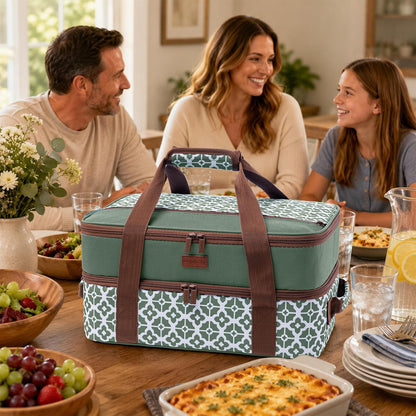 Double Layer Insulated Casserole Carrier, Fits 9" x 13" Baking Dish, Food Transport Carrier with Utensil Pocket for Hot & Cold Dishes, Reusable Potluck Tote for Thanksgiving, Parties&Family Gatherings