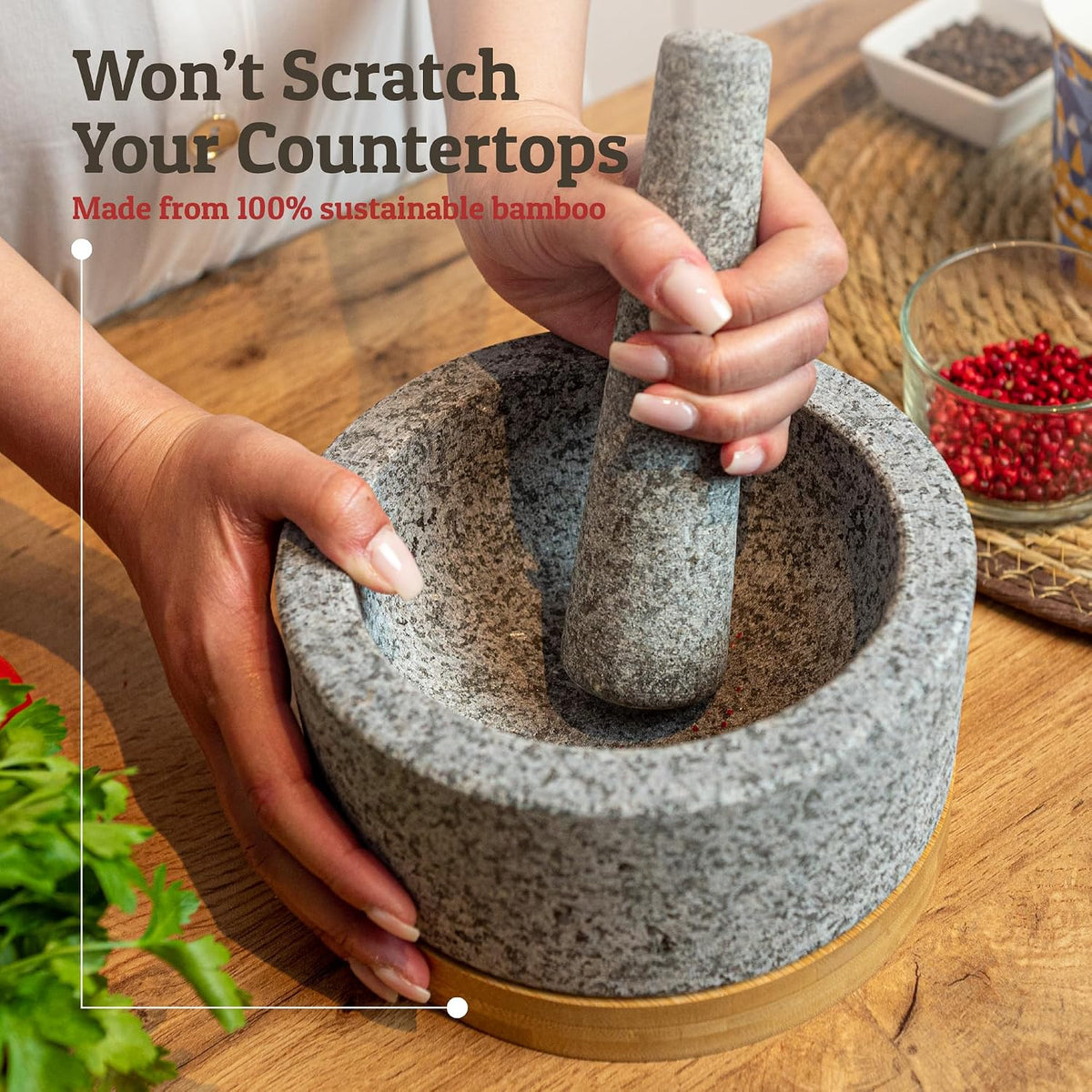 PriorityChef Heavy Duty Mortar and Pestle Set with Bamboo Base, 100% Natural Granite Stone Grinder, Guacamole Bowl and Masher, 1.5 Cups, Black