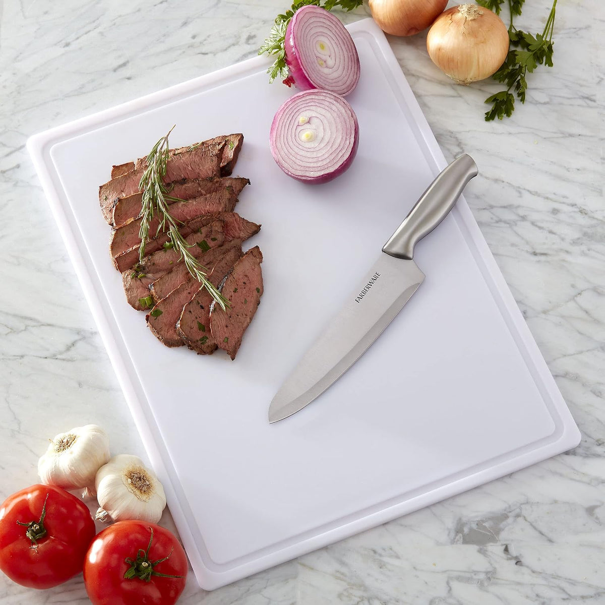 FARBERWARE Large Cutting Board, Dishwasher- Safe Plastic Chopping Board for Kitchen with Easy Grip Handle, 11in by 14in, White