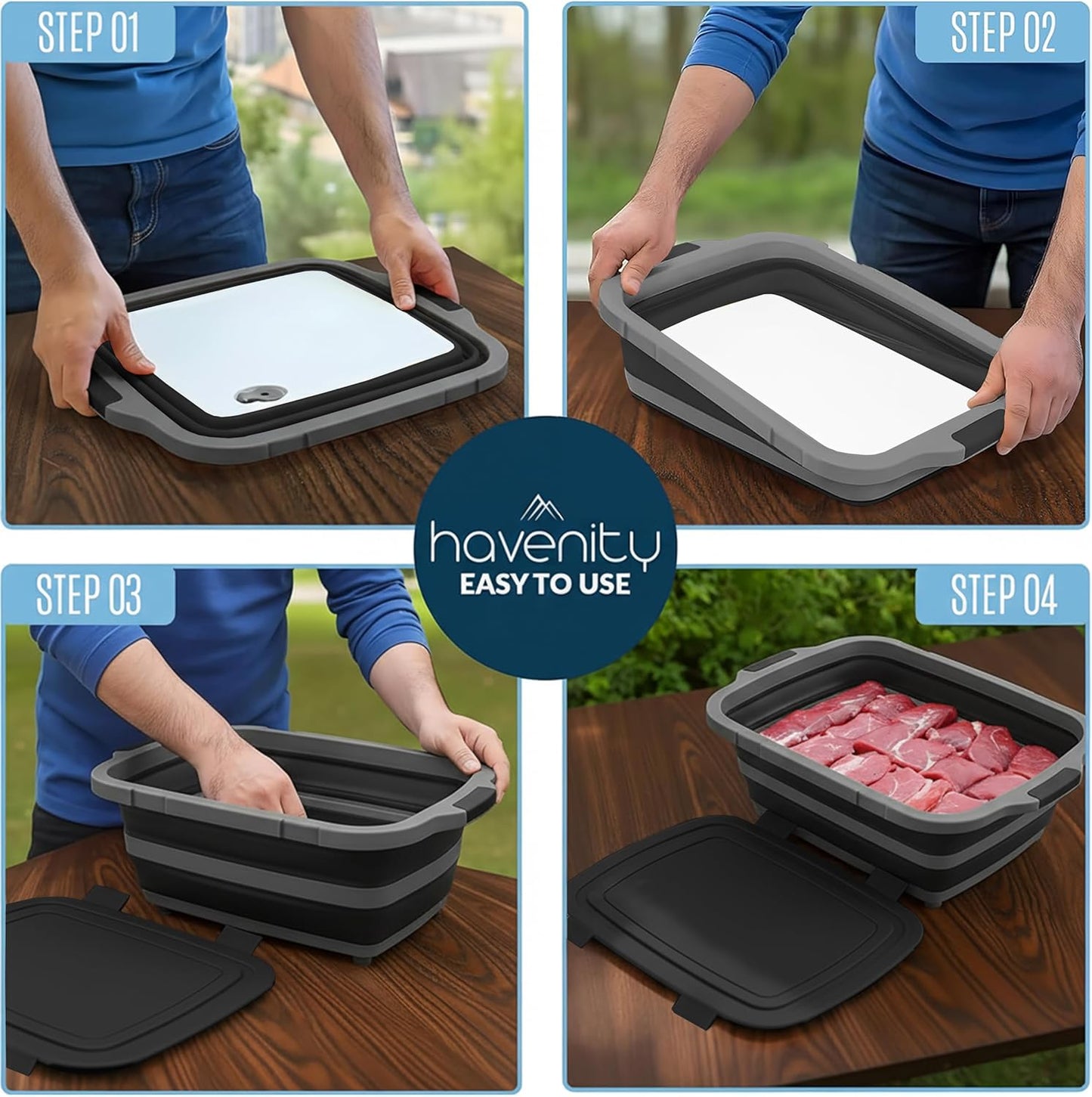 BBQ Prep Tub 8L - Multifunctional Collapsible Camping Cutting Board with Upgraded Locking lid, Meat Storage Container for Meal Prep, Dish Basin Bowl Perfect for Grilling Outdoor Cooking Large