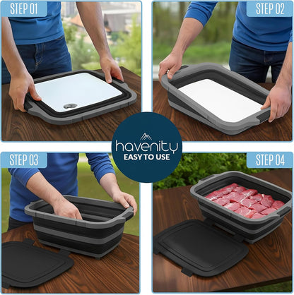 BBQ Prep Tub 8L - Multifunctional Collapsible Camping Cutting Board with Upgraded Locking lid, Meat Storage Container for Meal Prep, Dish Basin Bowl Perfect for Grilling Outdoor Cooking Large