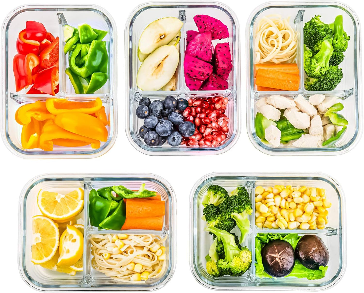 C CREST [5-Pack] Glass Lunch Box, Meal Prep Glass Containers with Lids, Glass Food Storage Containers, 34 OZ