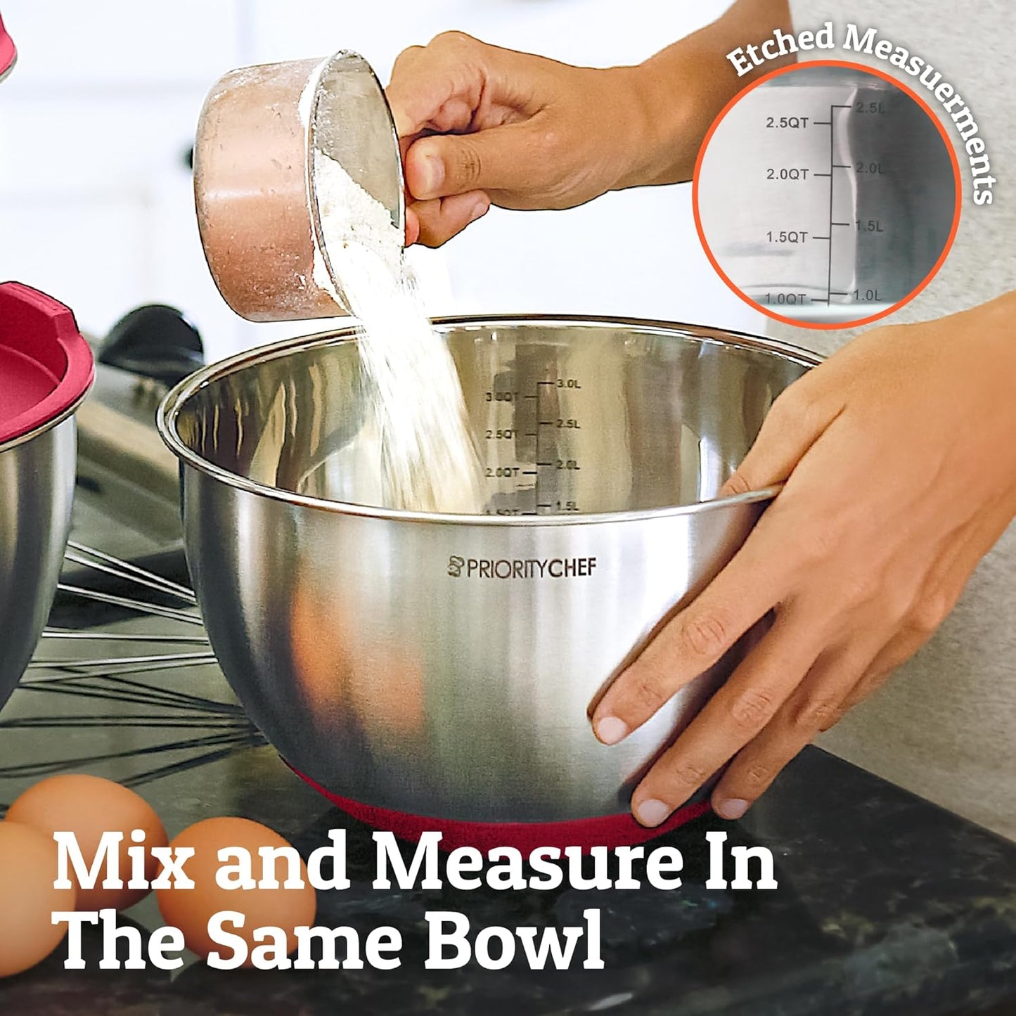 Priority Chef Premium Mixing Bowls With Lids Set, Airtight Lids, Thicker Stainless Steel, Non-Slip Base, 5 Nesting Steel Bowls for Kitchen, Large Prep Metal Bowl Set 1.5/2/3/4/5 Qt, Black