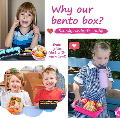 QQKO Bento Lunch Box for Kids Girls Boys, Toddler Kids Lunch Boxes for School, Lunch Containers for Adults with 4 Compartments, Sauce Container, Utensils, Food Picks and Muffin Cups, Purple
