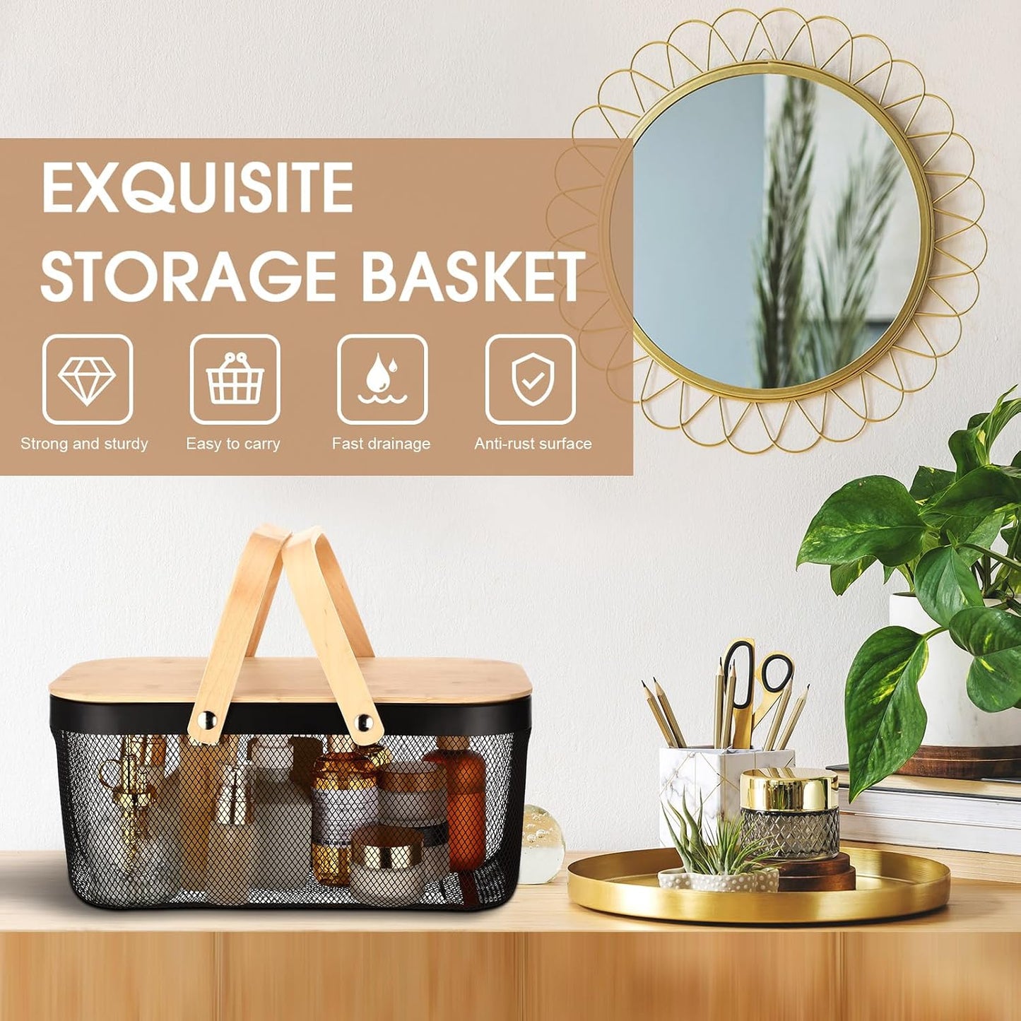 Jingmore 4 Pcs Metal Mesh Baskets with Lid, Stackable for Storage, Prevents Fruit Flies for Vegetable Fruit Kitchen Cabinet Picking Gathering Pantry Harvest Garden(16 Inch,Black)