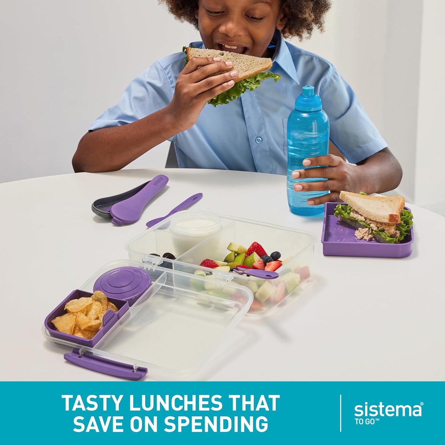 Sistema Bento Box Adult Lunch Box with 3 Compartments, 2 Removable Trays, and Salad Dressing Container, Dishwasher Safe, Color May Vary, 42 oz./1.25L Size (Pack of 4)