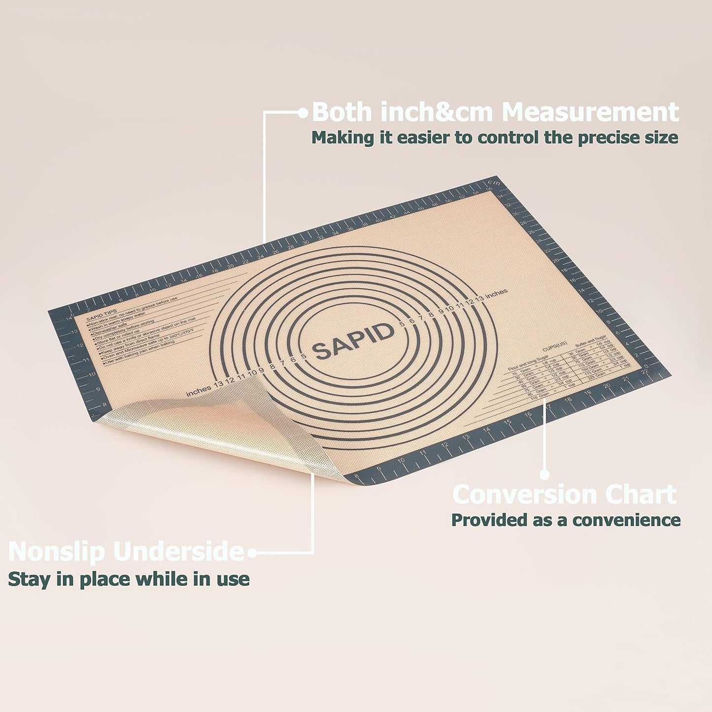 Sapid Extra Thick Silicone Pastry Mat Non-slip with Measurements for Non-stick Silicone Baking Mat Extra Large, Dough Rolling, Pie Crust, Kneading Mats, Countertop, Placement Mats (24" x 36", Gray)