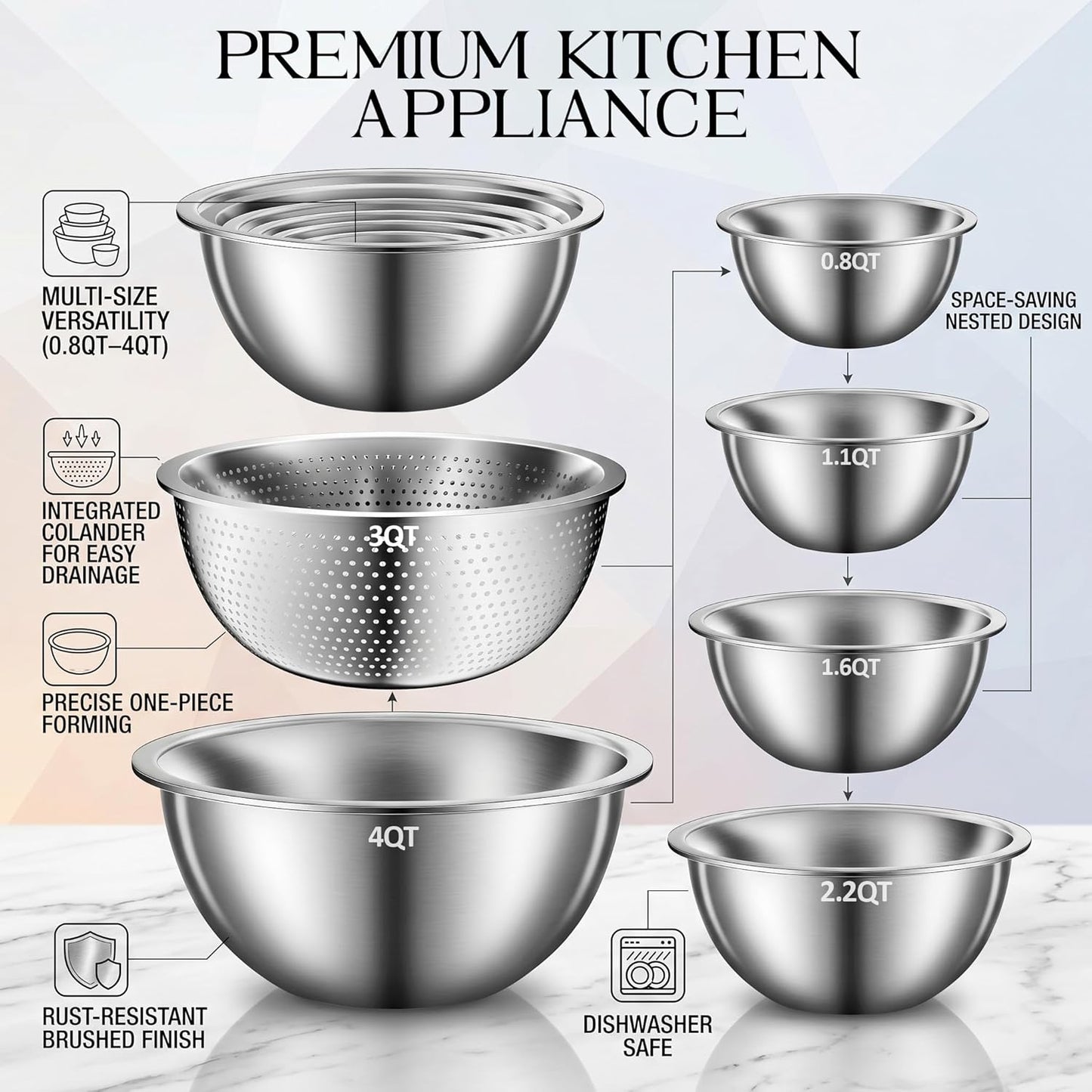 DUTZUN Heavy-Duty Stainless Steel Mixing Bowls Set of 5 plus 3QT Colander, Nesting Kitchen Metal Bowl for Baking Prep Salads Serving Cooking, Dishwasher Safe — 4.0 to 0.8 QT