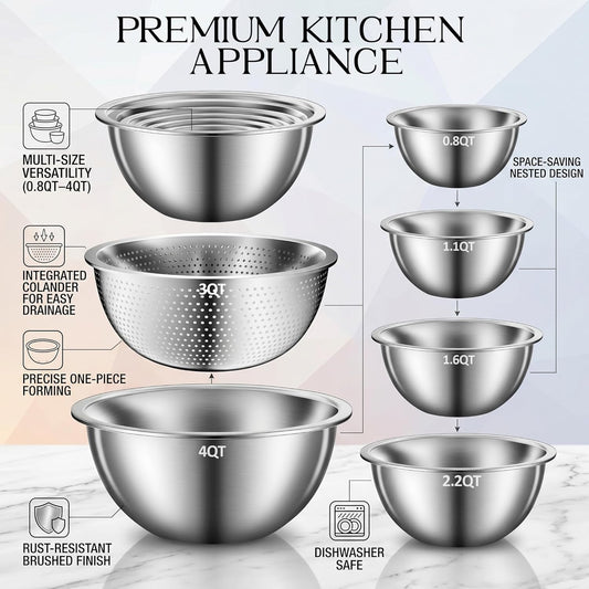 DUTZUN Heavy-Duty Stainless Steel Mixing Bowls Set of 5 plus 3QT Colander, Nesting Kitchen Metal Bowl for Baking Prep Salads Serving Cooking, Dishwasher Safe — 4.0 to 0.8 QT