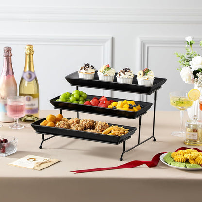 MALACASA 3 Tier Serving Trays for Party, Porcelain Serving Platters and Trays, 12 Inch Tiered Tray Stand, Fruit Tray, Trays for Serving Food, White Dessert Stand with Collapsible Sturdier Metal Rack