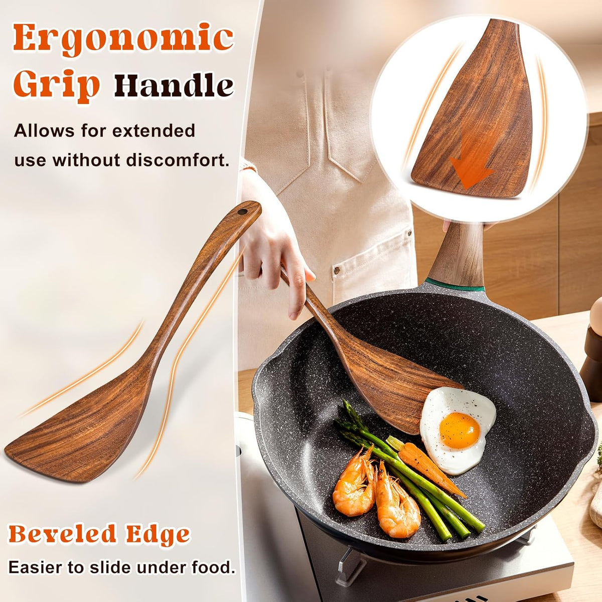 Wooden Spatula, Acacia Solid & Slotted Turner Spatula Set, Long Handle Flat Frying Spatulas, Ideal Kitchen Gift for Mother and Grandma, Kitchen Utensils Set for Cooking, Frying, Baking