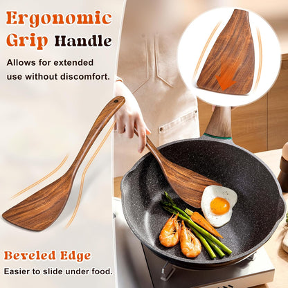 Wooden Spatula, Acacia Solid & Slotted Turner Spatula Set, Long Handle Flat Frying Spatulas, Ideal Kitchen Gift for Mother and Grandma, Kitchen Utensils Set for Cooking, Frying, Baking