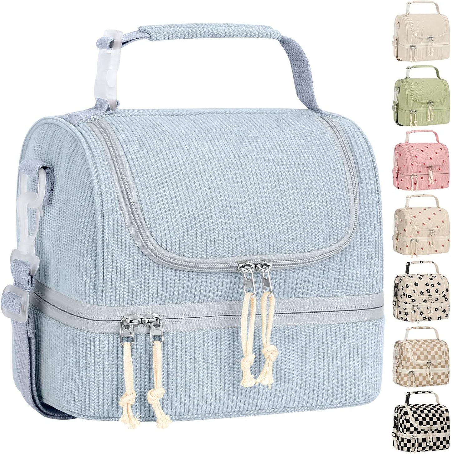Vankor Corduroy Lunch Box Kids Insulated Lunch Bag Double Decker, Cute Leak-Proof Lunch Box for Boys Girls, Portable Cooler Lunch Bag Thermal Lunch Tote for School Picnic Travel, Light Blue
