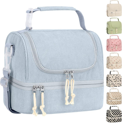 Vankor Corduroy Lunch Box Kids Insulated Lunch Bag Double Decker, Cute Leak-Proof Lunch Box for Boys Girls, Portable Cooler Lunch Bag Thermal Lunch Tote for School Picnic Travel, Light Blue