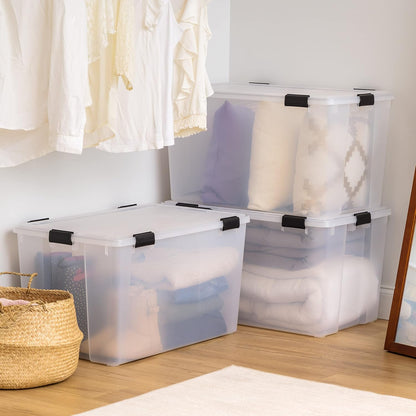 IRIS USA Storage Bins with Lids, WeatherPro Wheeled 106 Qt, Plastic, 3 Pack | Weather-tight gasket, wheels, and secure latches protect camping gear, tools, holiday décor, clothing, and documents.