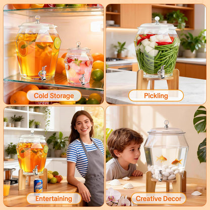 2 PCS Drink Dispenser Set, 2.5 Gallon Total Capacity (7L & 2.6L) - Shatterproof Plastic Beverage Containers with Wood Stand, Leak-Proof Spigot for Juice, Tea, Lemonade & Mimosa Bar Hosting
