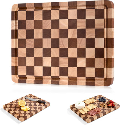 WILLKOMMEN Checkered Cutting Board Set, 3-Piece Wood Checkerboard End Grain Chopping Boards with Holder & Juice Groove Wooden Kitchen Cutting Board for Cooking and Serving (S, M, L)