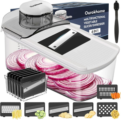 Ourokhome Mandolin Slicer for Kitchen Food, Hand Safe Vegetable Shredder with 6 Mandoline Blades, Veggie Waffle Cutter for Potato, Carrot, Zucchini, Onion, Essential Kitchen Gadgets (6 in 1, Gray)
