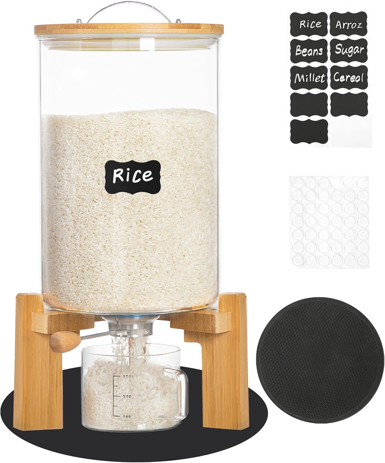 5-7 lbs Glass Rice Dispenser with Wooden Stand Flour and Cereal Container with Glass Measuring Cup & Labels & Slider mat Pantry Food Organization Storage Bin with Airtight Bamboo Lid, 3L