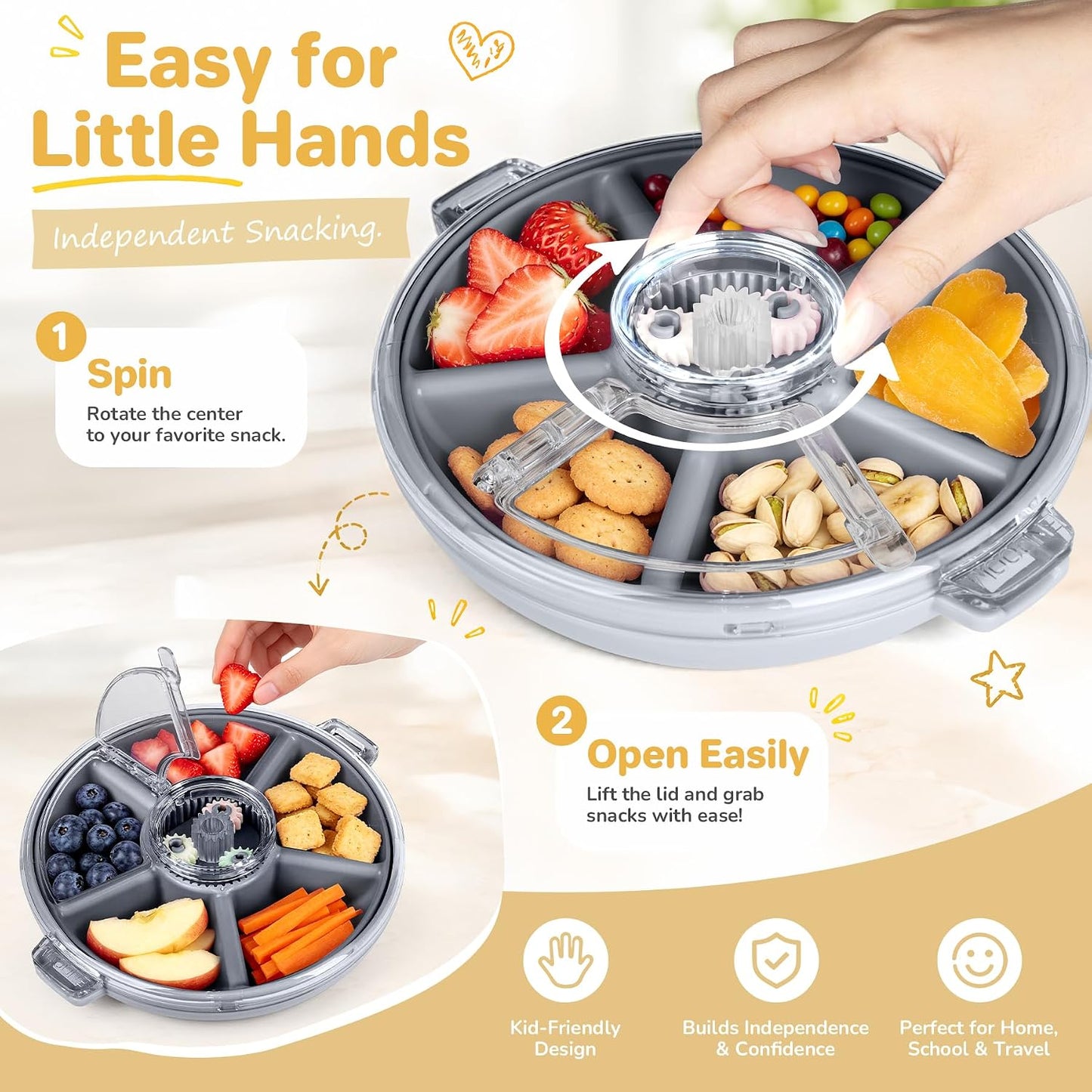 Kids Divided Snack Box with Hand Strap, Reusable 5-Compartment Kids Snack Container, BPA-Free Portable Candy & Nut Serving Platter for Travel, Parties, Picnics(Grey)