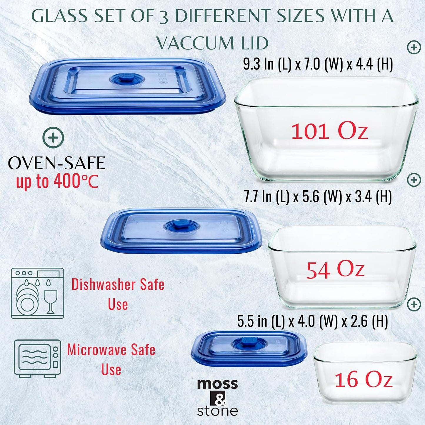 Moss and Stone Rectangular Borosilicate Glass Meal Food Containers - Prep Food Storage Containers Airtight - Snap Locking Lids – Microwave, Oven, Freezer, Dishwasher Safe – with 2 Compartment 2 Pack