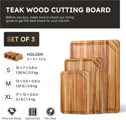 3 Pack Teak Wood Cutting Board Set with Holder Non Slip Over Sink Wooden Chopping Board for Fresh Meat Vegetable Thick Haus Perfect for Charcuterie Juice Groove Kitchen Accessories - FSC Certified