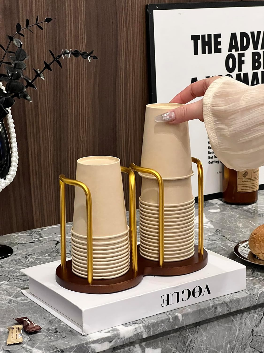 Wood Cup Holder for Cups (Under 3.35in Diameter), Stylish Walnut Disposable Cup Dispenser, Plastic Mouthwash Cup Storage Organizer -Perfect for Office, Kitchen, Gym, School or Cafes