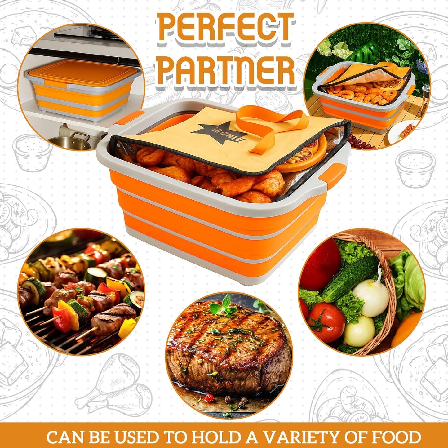 Funnymoom 2pcs Barbecue Prep Set Include Collapsible BBQ Prep Tub with Lid and Cutting Board(4.22 Gal/16l) BBQ Blanket for Resting Meat(21inch) Smoker Blanket Insulated(Orange,Classic Style)