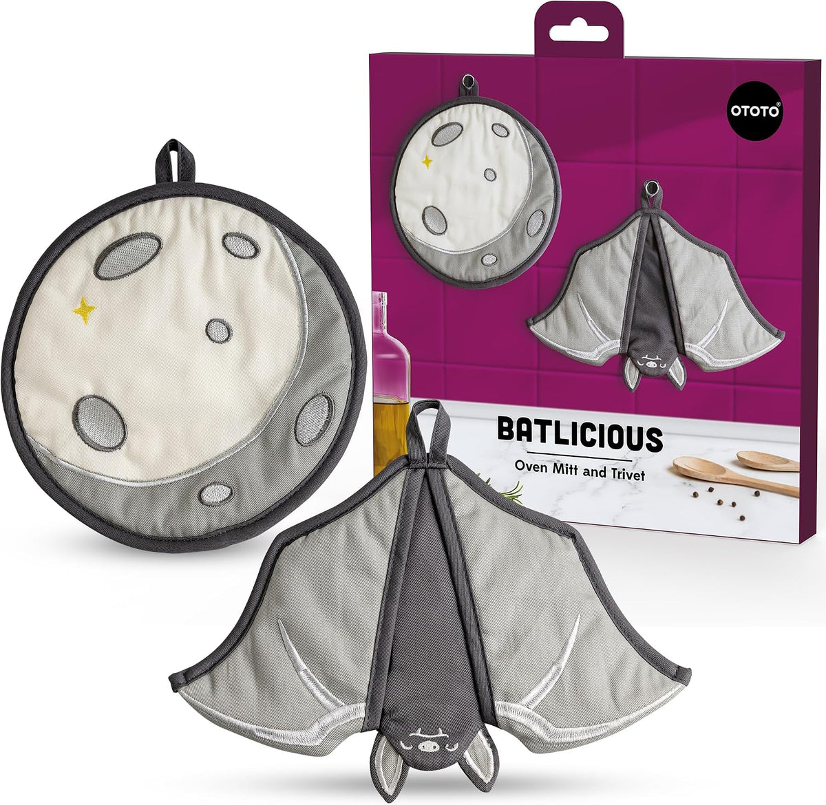 New - OTOTO Batlicious Oven Mitts and Pot Holders Sets - Heat Resistant Trivets for Hot Dishes, Cooking Goth Kitchen Decor, Cute Accessories, Pot Holders, Spooky Halloween Bat Moon Witchy Gifts