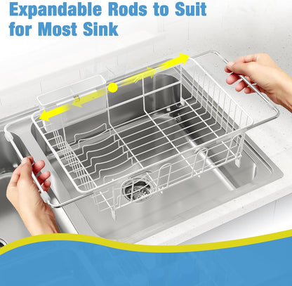 JASIWAY Dish Drying Rack in Sink, Expandable Stainless Steel Dish Drainers for Kitchen Counter, Dish Dryer Rack for Inside Sink, Over The Sink Dish Racks with Utensil Holder, Silver