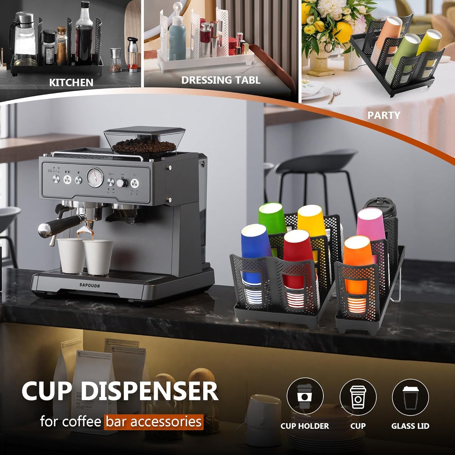 6-Slot Paper Cup and Lid Holder, Disposable Coffee Cup Dispenser, Upright Paper Cup Dispenser for Coffee Stations, Kitchens, Bars, Restaurants, Lounges (White)