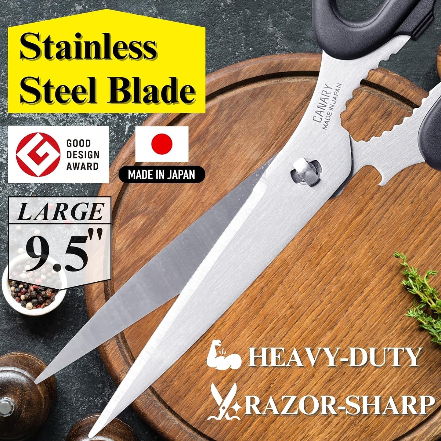 CANARY Japanese Kitchen Scissors Heavy Duty 8.2", Made in JAPAN, Dishwasher Safe Come Apart Blade, Multipurpose Kitchen Scissors, Sharp Serrated Japanese Stainless Steel, Black