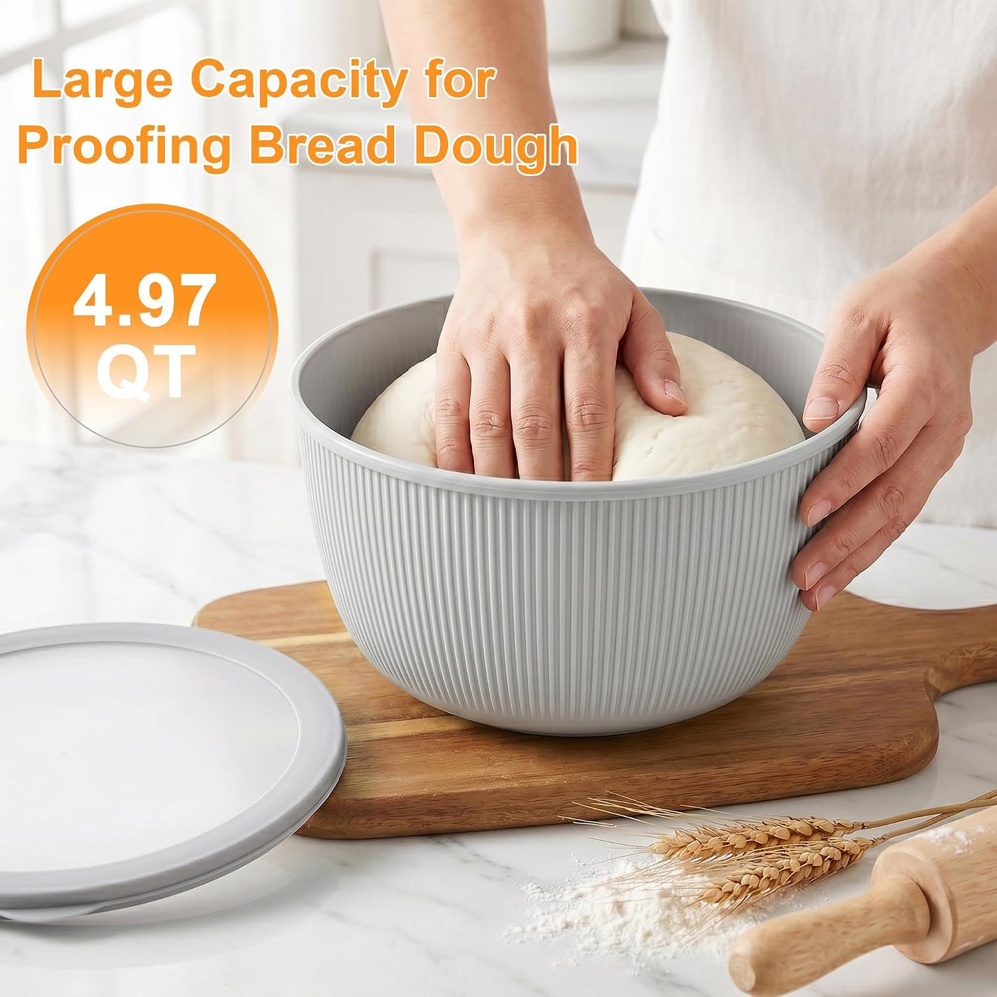 BoxedHome Plastic Mixing Bowls with Lids Set,4.97QT Large Capacity Deep Nesting Bowl,8 Pieces Set BPA-Free Prep Bowls,Dishwasher & Microwave Safe,Beige