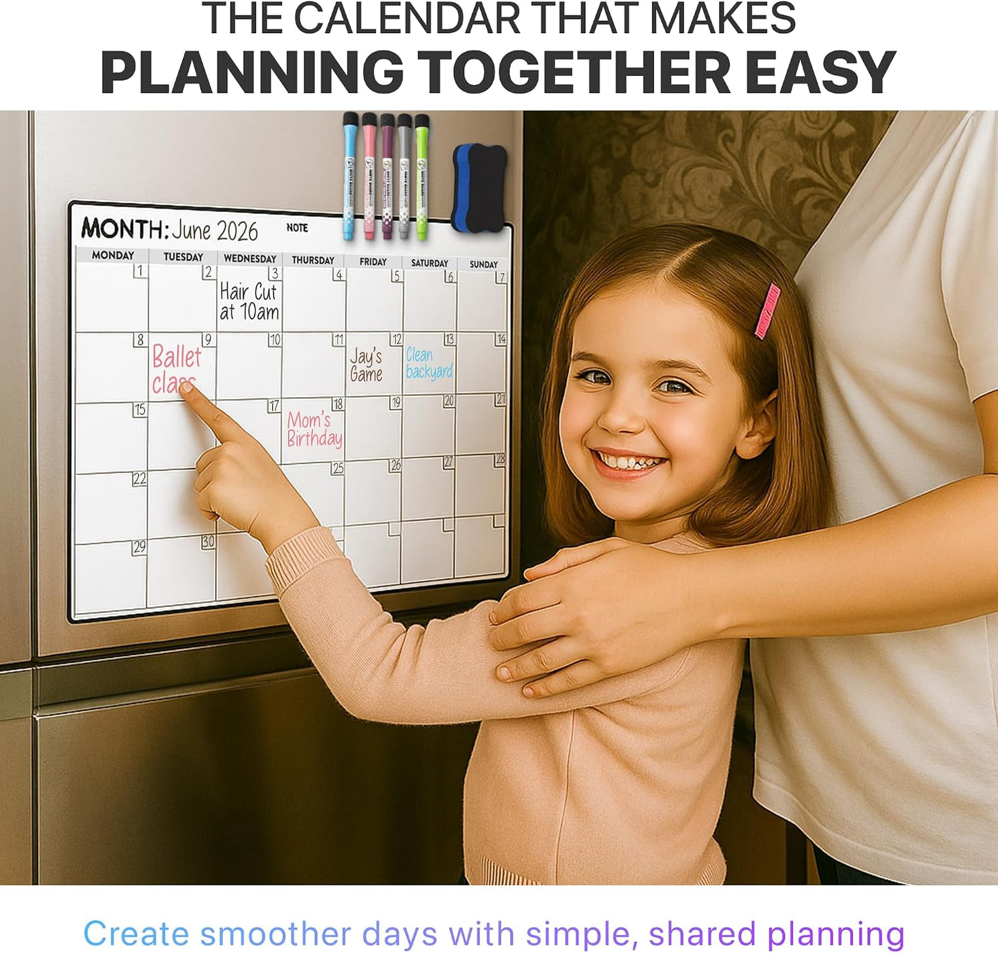 Fridge Calendar Acrylic 17x12”, Start Monday | Magnetic Calendar for Refrigerator | Acrylic Dry Erase Whiteboard Calendar for Fridge | Family Schedule Board with 5 Markers & Eraser by Freedom Mastery