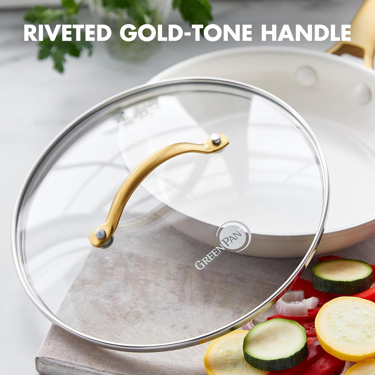 GreenPan 8" Tempered Glass Lid for Pots and Pans Cookware, Gold-Tone Handle with Matte Finish, Dishwasher and Oven Safe