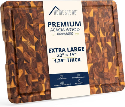 HOMESTEAD End Grain Acacia Wood Cutting Board 23x18x1.5, Reversible Butcher Block Board for Kitchen with Deep Juice Groove, Handles, Knife-Friendly Surface for Meat Chopping and Charcuterie Serving
