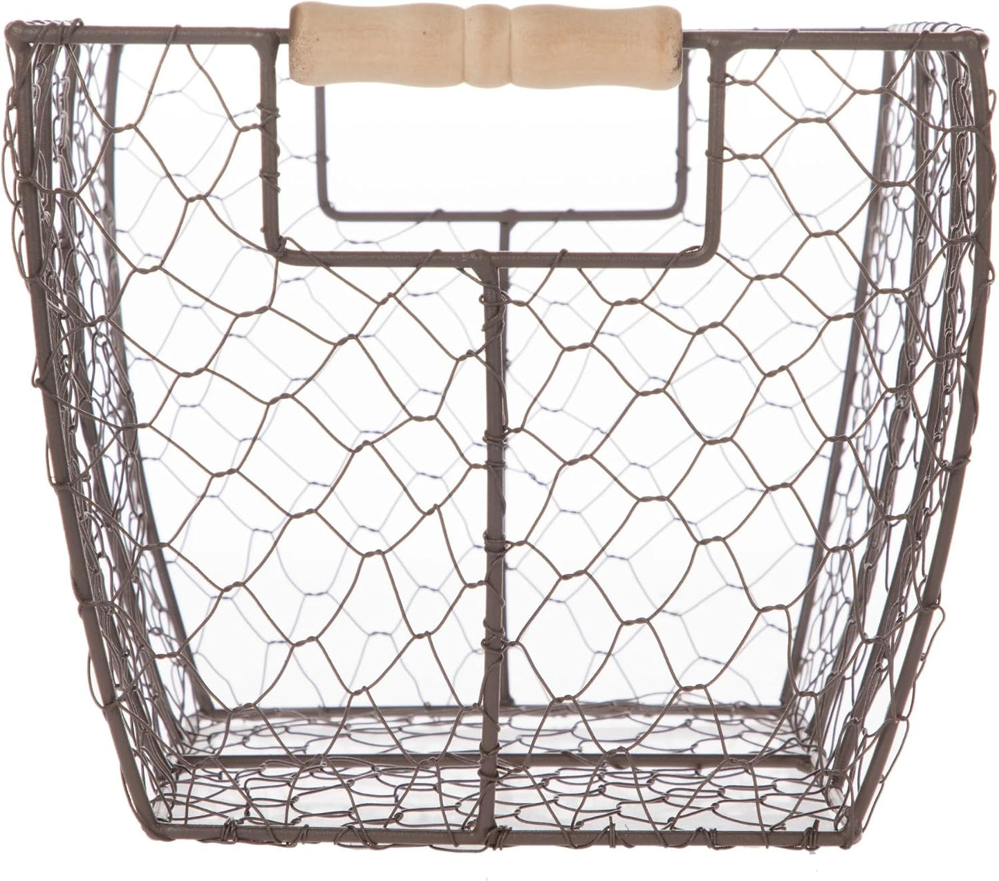 Decorative Brown Chicken Wire Basket with Wood Handles. 12.2x8x7.28