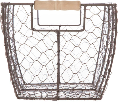 Decorative Brown Chicken Wire Basket with Wood Handles. 12.2x8x7.28
