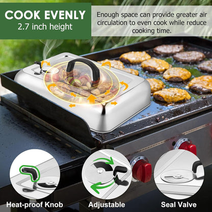 2Pcs Basting Cover Melting Dome for Griddle (13 x 9.8"), Joyfair Rectangular Stainless Steel Cheese Melt Lid for Outdoor Flat Top Grill, Heat-Resistant Handle & Dishwasher Safe (No Vent)