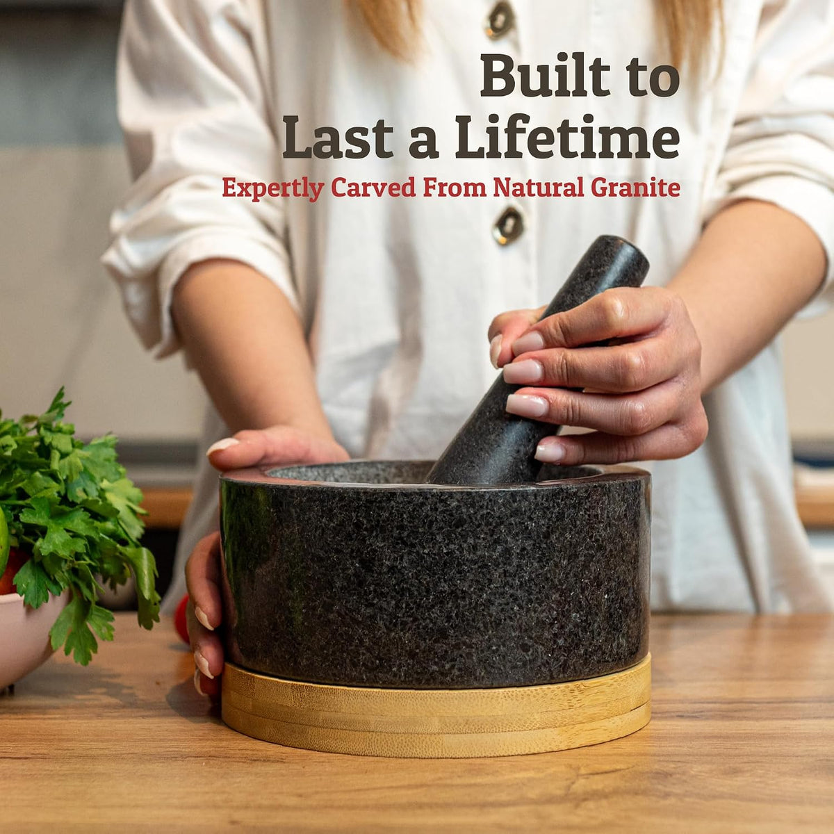 PriorityChef Heavy Duty Mortar and Pestle Set with Bamboo Base, 100% Natural Granite Stone Grinder, Guacamole Bowl and Masher, 1.5 Cups, Black