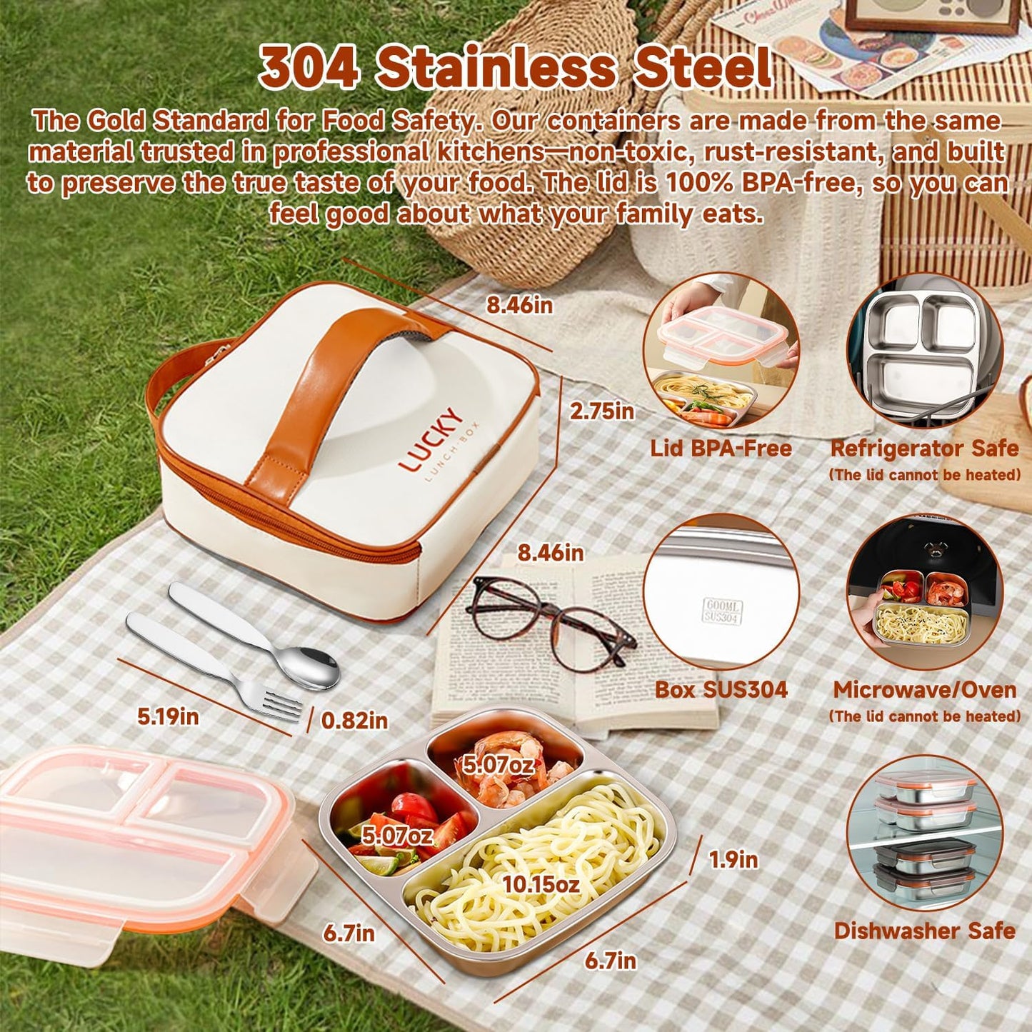 stainless steel lunch box for kids with lids & Spoon Fork & Insulated Bag, Leak-Proof 3 Compartment Food Containers, Food-Grade 304 Stainless Steel, Ideal for Home, Travel (Transparent black)